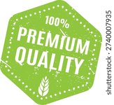 Bright green hexagonal premium quality stamp with wheat grain icon for natural and organic goods
