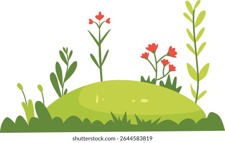 Bright green hill with blooming flowers and fresh plants, perfect for spring nature backgrounds, garden scenery, eco-friendly decoration, landscape design, and outdoor environment visuals.