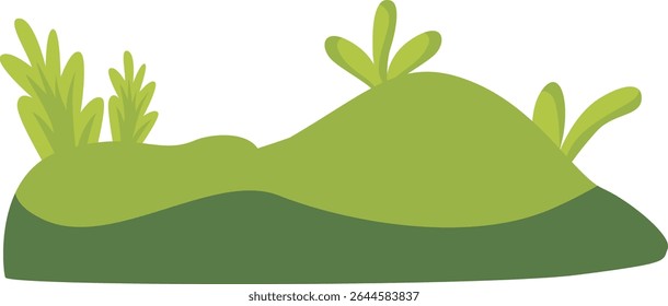 Bright green hill with bushes and fresh leaves, perfect for natural scenery, garden backgrounds, eco-friendly landscape design, outdoor environment visuals, and wild nature illustrations.