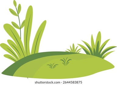 Bright green hill with tall grass and leafy plants, ideal for spring nature backgrounds, eco-friendly garden decoration, outdoor park visuals, and natural landscape design illustrations.