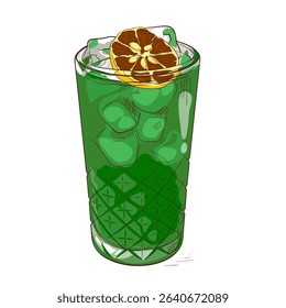 Bright green iced cocktail with orange slice. Exotic, tropical drink perfect for summer menus and mixology visuals