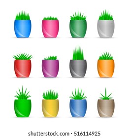 Bright Green Juicy Grass in Pots. 3D Potted Grass Icon Set. Vector illustration.