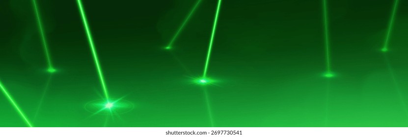 Efectos de rayo láser verde brillante sobre fondo negro con rayos de luz brillantes y destellos de energía para diseños de tecnología o ciencia ficción. Líneas ópticas de neón con puntos luminosos. Elementos futuristas digitales