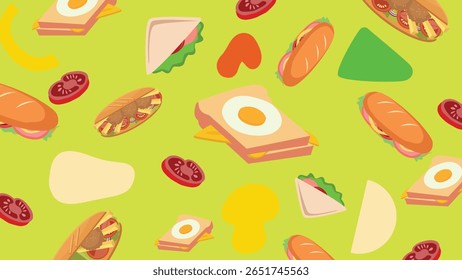 Layout verde brilhante com torrada de ovo, cachorros-quentes, sanduíches e fatias de tomate. Uma ilustração de mistura de fast food brincalhão.