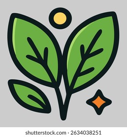 Bright green leaf icon vector with orange sparkles, symbolizing growth, freshness, and vibrant nature.