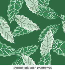 Bright green leaf silhouettes seamless pattern in hand drawn style. Random foliage nature print. Decorative backdrop for fabric design, textile print, wrapping, cover. Vector illustration.