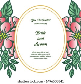 Bright green leaves and pink flower frame, for wedding invitation bride and groom in retro style. Vector
