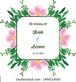 Bright green leaves and pink flower frame, template of card design bride and groom. Vector