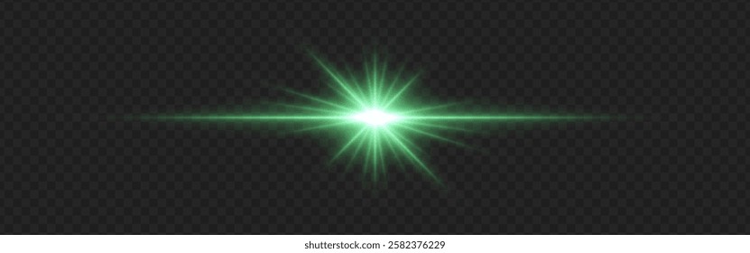 Bright green lens flare with radiating beams and light rings on a dark transparent background. Horizontal glow effect symbolizes illumination, energy, and futuristic design