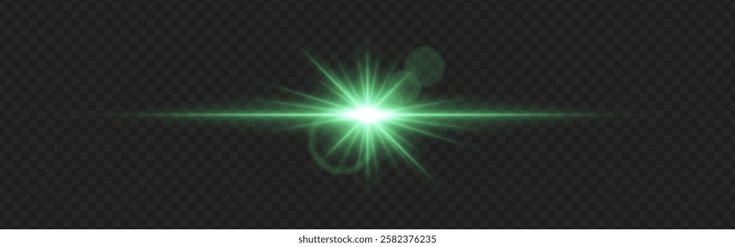 Bright green lens flare with radiating beams and light rings on a dark transparent background. Horizontal glow effect symbolizes illumination, energy, and futuristic design