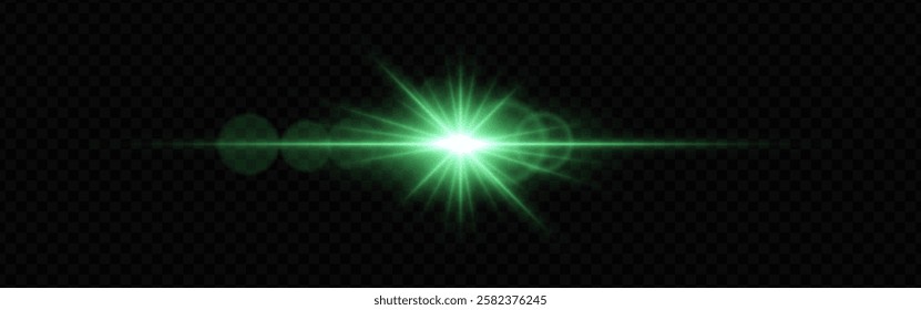 Bright green lens flare with radiating beams and light rings on a dark transparent background. Horizontal glow effect symbolizes illumination, energy, and futuristic design