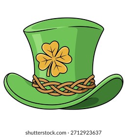 Um chapéu de leprechaun verde brilhante decorado com um design de trevo laranja. Adequado para materiais do Dia de São Patrício, gráficos com tema irlandês, conteúdo de festa e obras de arte inspiradas em folclore.