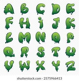 Bright green letters from A to Z are displayed in a playful, dripping style against a clean white background, perfect for creative projects or designs.