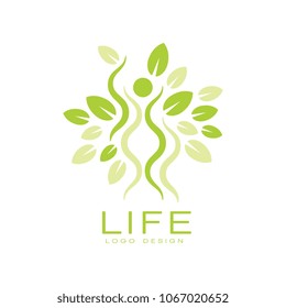 Bright green life logo with human silhouette and leaves. Natural and healthy living. Flat vector emblem for yoga studio or wellness center