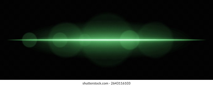 Bright green light beam with lens flare circles on dark background. Vivid horizontal glow ideal for futuristic UI, synthwave designs, or neon-inspired transitions.