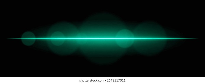 Bright green light beam with lens flare circles on dark background. Vivid horizontal glow ideal for futuristic UI, synthwave designs, or neon-inspired transitions.