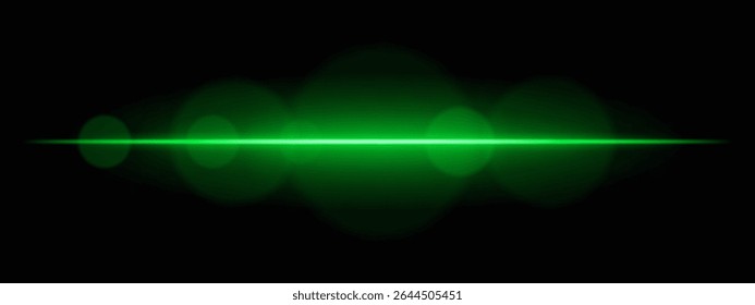 Bright green light beam with lens flare circles on dark background. Vivid horizontal glow ideal for futuristic UI, synthwave designs, or neon-inspired transitions.