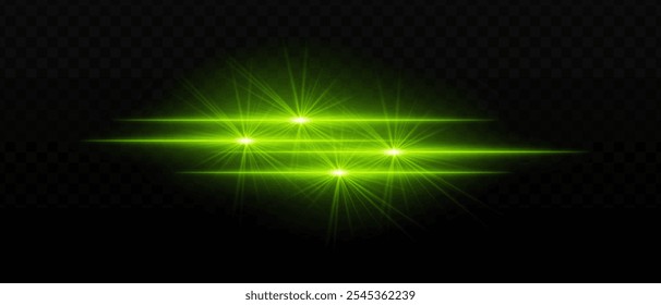 Bright green light beams with star-like bursts and radiant glow. Horizontal light streaks and glare on dark background, creating a vibrant illumination effect