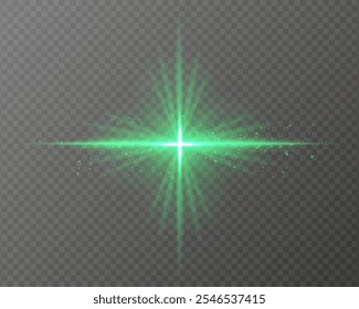 Bright green light burst with star-shaped rays, sparkling particles, and a horizontal glow on a transparent background. Ideal for adding a radiant flash or glare effect
