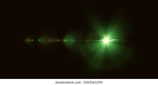 Bright green light effect. Bright lens flare. Glow effect. Starry glare with shimmering highlights. Vector for web design