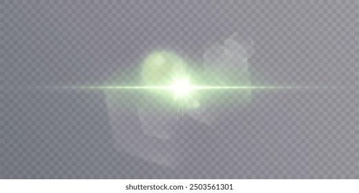 Bright green light effect. Bright lens flare. Glow effect. Starry glare with shimmering highlights. Vector for web design