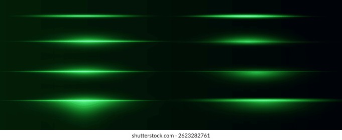 Bright Green Light Rays with Glow and Flare – Vector Background of Moving Laser Beams, Blur Streaks, and Dynamic Motion Lines for Modern Digital and Sci-Fi Themes

