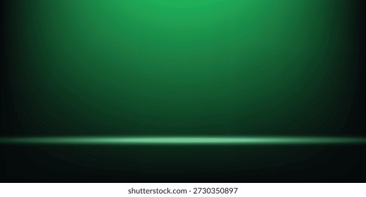 Tira de luz verde brillante con el resplandor del gradiente que se desvanece en fondo verde oscuro profundo