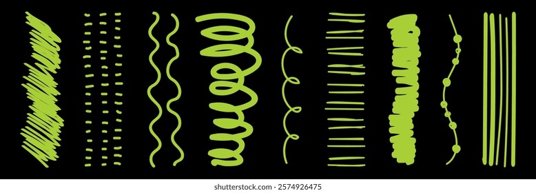 Bright green lines and squiggles on black. Various green squiggles and lines. Artistic green lines and squiggles create a vibrant pattern. Doodle illustrations, vector set.