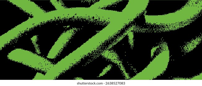 Bright green lines twist and turn against a deep black backdrop, forming intricate patterns that evoke movement and energy. Bitmap overlay bg with pixel effect 