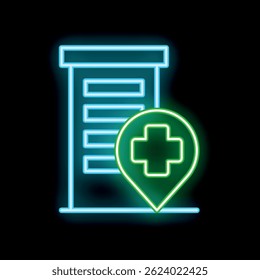 Pin de ubicación verde brillante brillante con luz de neón que muestra la ubicación del hospital más cercano