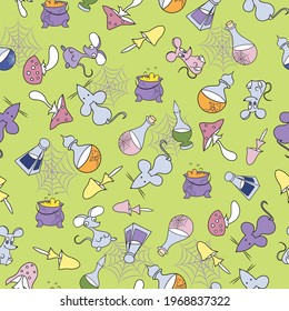 Bright green magic and mice seamless pattern