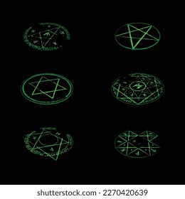 Bright green magic symbol with triangles and viking runes isolated on black background. Circle shining occult sign. Alchemy spell graphic mage star. Astrology sacred geometric icon