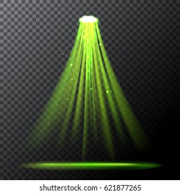 Bright green magical vector spot light with particles.