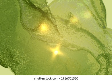 Bright green marble pattern with golden dust. Abstract vector background in alcohol ink technique. Modern paint with glitter. Template for banner, poster design. Fluid art painting
