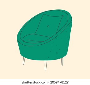 Bright, green, modern colorful comfortable Armchair. Upholstered furniture for rest and relaxation. Interior decoration, interior design. Vector illustrations drawn by hand. Isolated illustration