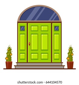 Bright green modern front door with two pots with plants. Vector building element. Cartoon house illustration. Cute architecture