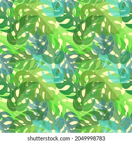 Bright green monstera leaves irregular seamless pattern. Random repeat floral tropical endless texture. Exotic pastel boundless background. Summer paradise plants toss repeat surface design