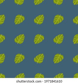 Bright green monstera simple leaves silhouettes seamless nature pattern. Blue background. Doodle print. Graphic design for wrapping paper and fabric textures. Vector Illustration.