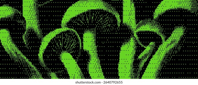 Bright green mushrooms grow in a mesmerizing pattern, their unique shapes and textures standing out dramatically against a dark backdrop, creating a striking visual contrast. Bitmap pixel bg