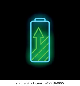 Bright green neon battery icon glowing on a black background, with upward arrow and charge level indicator