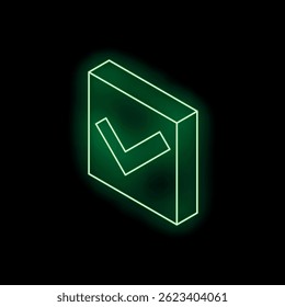 Bright green neon check mark glowing on a black background