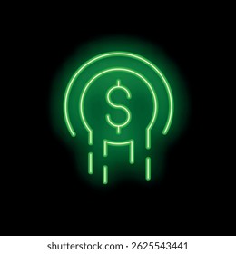 Bright green neon glowing dollar coin is rapidly losing value as it falls down on a black background