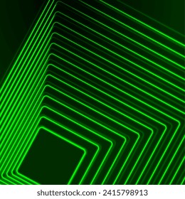 Bright green neon linear square abstract technology background. Futuristic glowing vector design