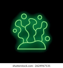 Bright green neon sign depicting seaweed glowing on a black background