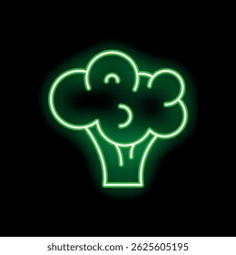 Bright green neon sign is glowing in the dark, representing a healthy broccoli vegetable