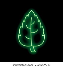 Bright green neon sign in the shape of a leaf, glowing on a black background