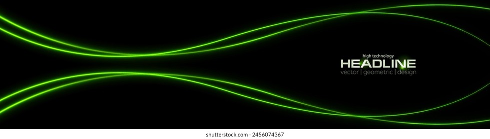 Bright green neon wavy lines abstract shiny retro background. Futuristic glowing vector banner design