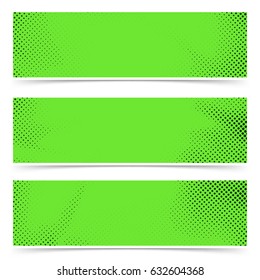 Bright green old style pop art header flyer collection. Polka-dot particle header footer web cards. Vector illustration