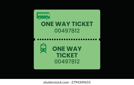 A bright green one way ticket with bus and train icons and the number 00497812 on a black background