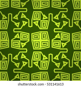 Bright green ornamental seamless pattern background in tribal style. Retro texture. Flat medley repeatable backdrop.